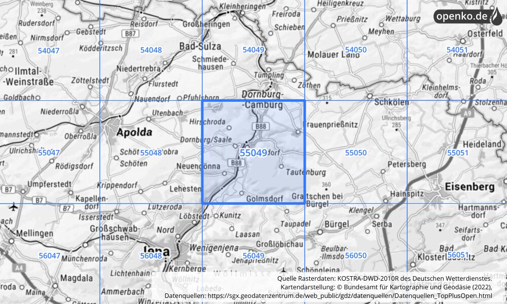 Übersichtskarte KOSTRA-DWD-2010R Rasterfeld Nr. 55049 mit angrenzenden Feldern