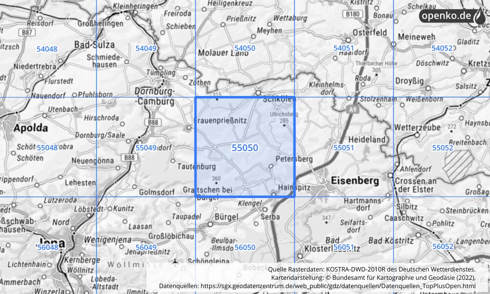 Übersichtskarte KOSTRA-DWD-2010R Rasterfeld Nr. 55050 mit angrenzenden Feldern