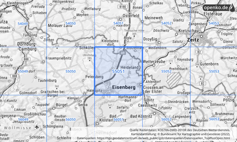 Übersichtskarte KOSTRA-DWD-2010R Rasterfeld Nr. 55051 mit angrenzenden Feldern