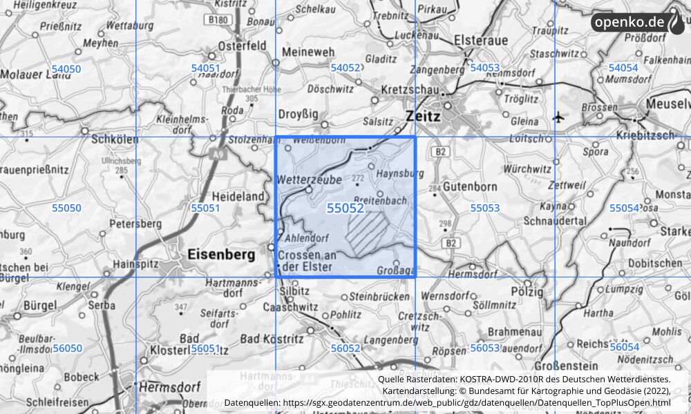 Übersichtskarte KOSTRA-DWD-2010R Rasterfeld Nr. 55052 mit angrenzenden Feldern