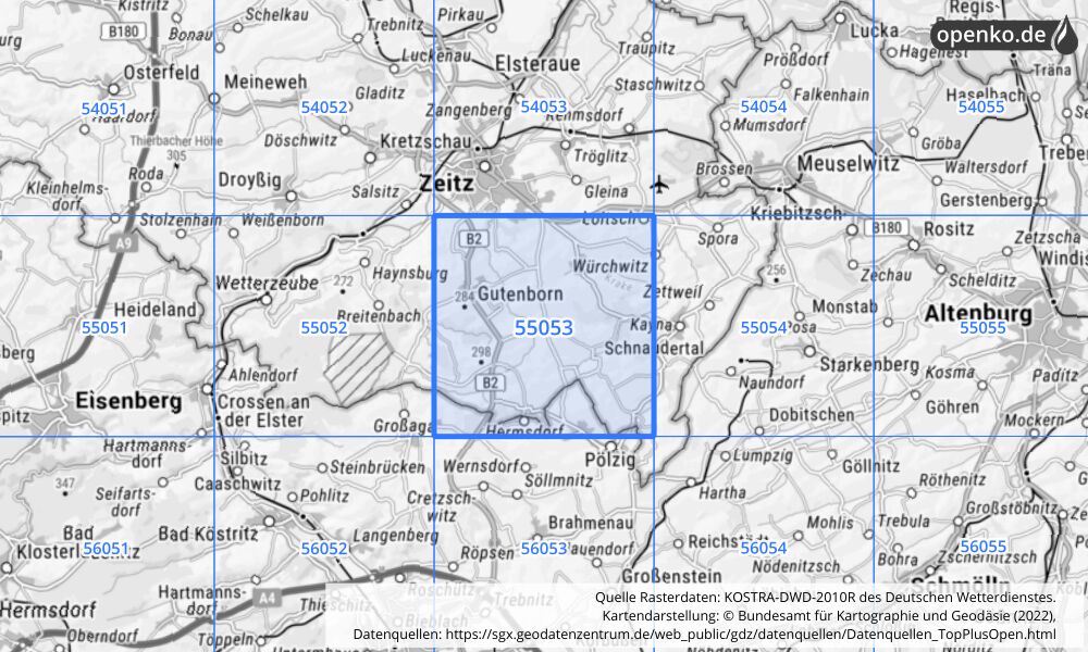 Übersichtskarte KOSTRA-DWD-2010R Rasterfeld Nr. 55053 mit angrenzenden Feldern