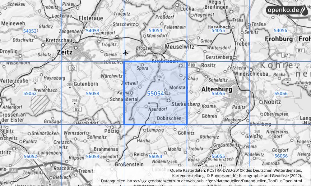 Übersichtskarte KOSTRA-DWD-2010R Rasterfeld Nr. 55054 mit angrenzenden Feldern