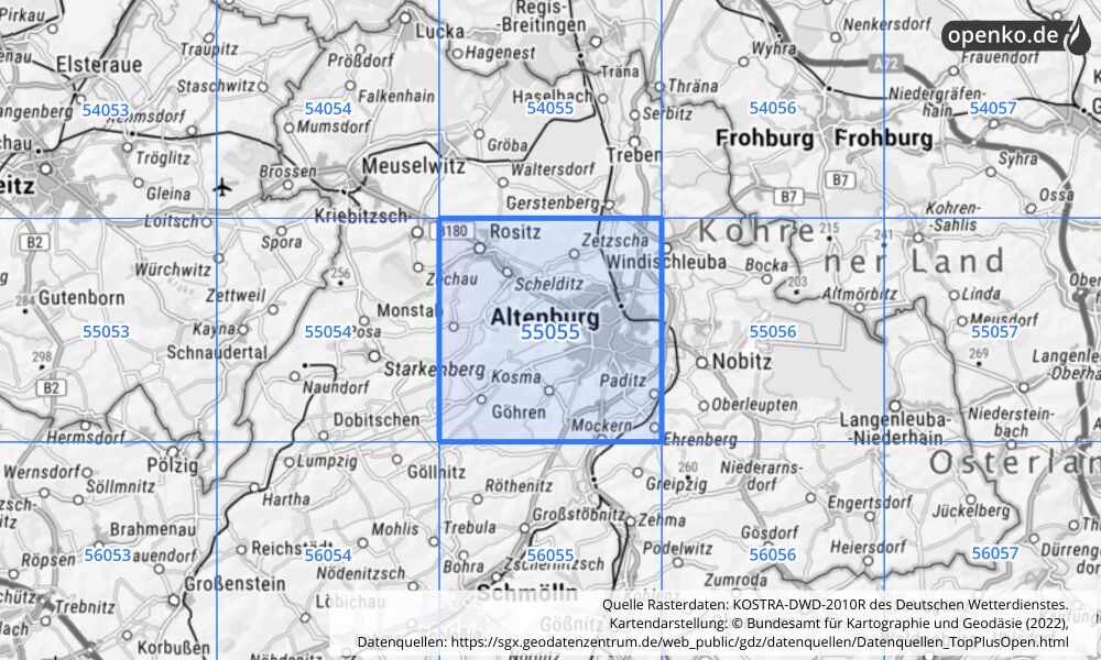 Übersichtskarte KOSTRA-DWD-2010R Rasterfeld Nr. 55055 mit angrenzenden Feldern