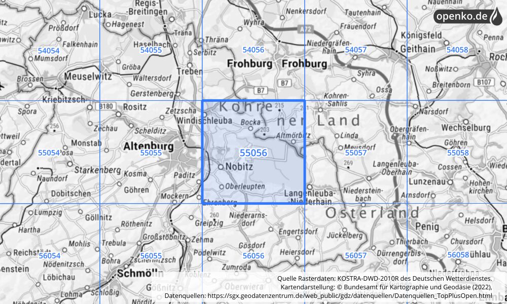 Übersichtskarte KOSTRA-DWD-2010R Rasterfeld Nr. 55056 mit angrenzenden Feldern