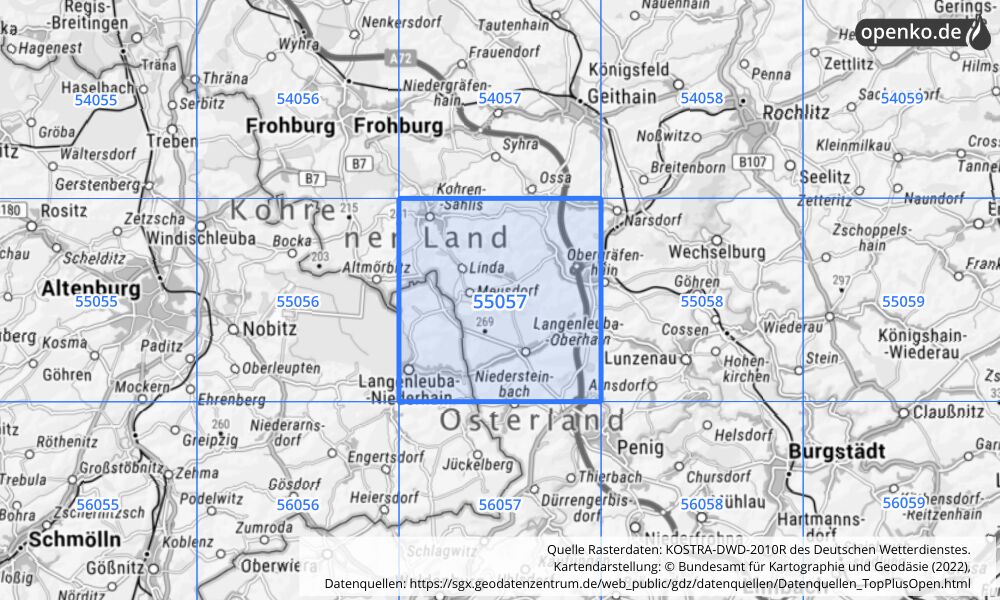 Übersichtskarte KOSTRA-DWD-2010R Rasterfeld Nr. 55057 mit angrenzenden Feldern