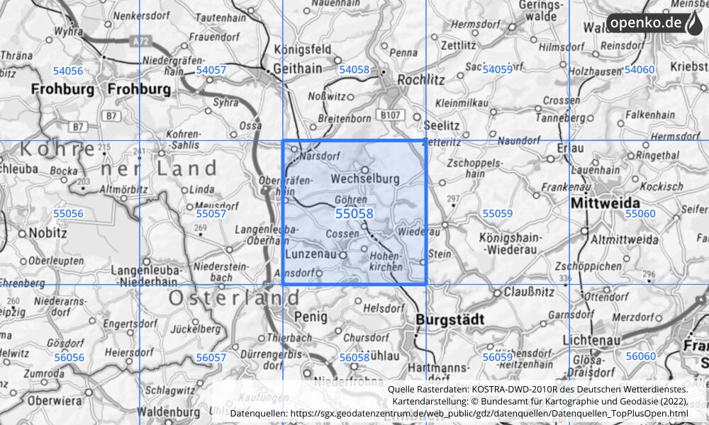 Übersichtskarte KOSTRA-DWD-2010R Rasterfeld Nr. 55058 mit angrenzenden Feldern