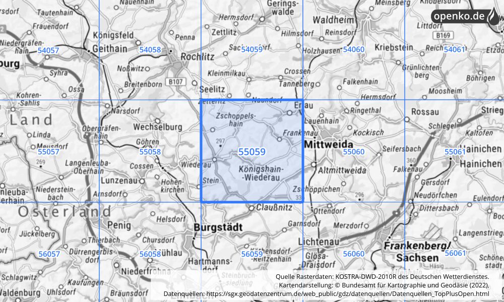 Übersichtskarte KOSTRA-DWD-2010R Rasterfeld Nr. 55059 mit angrenzenden Feldern