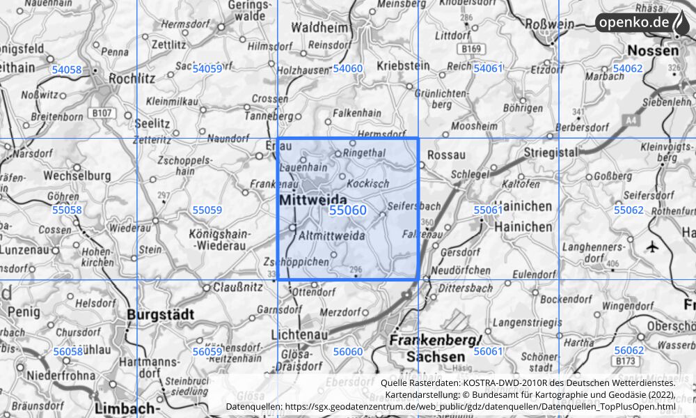 Übersichtskarte KOSTRA-DWD-2010R Rasterfeld Nr. 55060 mit angrenzenden Feldern