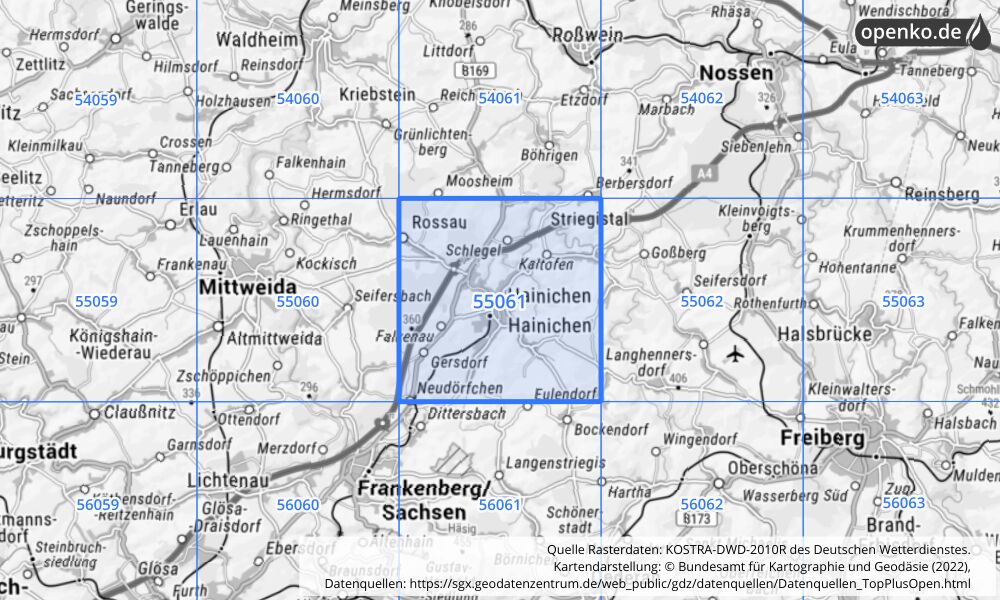 Übersichtskarte KOSTRA-DWD-2010R Rasterfeld Nr. 55061 mit angrenzenden Feldern