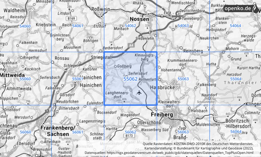 Übersichtskarte KOSTRA-DWD-2010R Rasterfeld Nr. 55062 mit angrenzenden Feldern