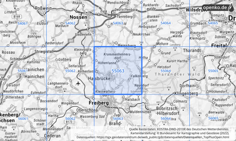 Übersichtskarte KOSTRA-DWD-2010R Rasterfeld Nr. 55063 mit angrenzenden Feldern