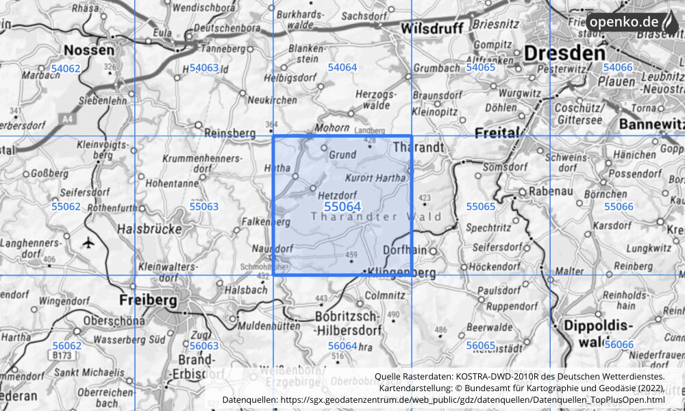 Übersichtskarte KOSTRA-DWD-2010R Rasterfeld Nr. 55064 mit angrenzenden Feldern