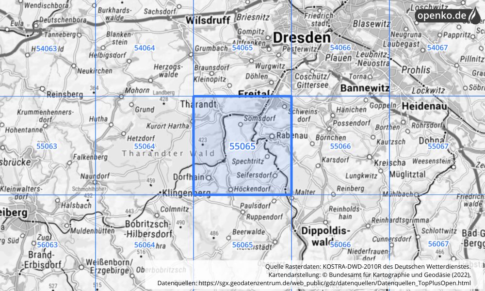 Übersichtskarte KOSTRA-DWD-2010R Rasterfeld Nr. 55065 mit angrenzenden Feldern