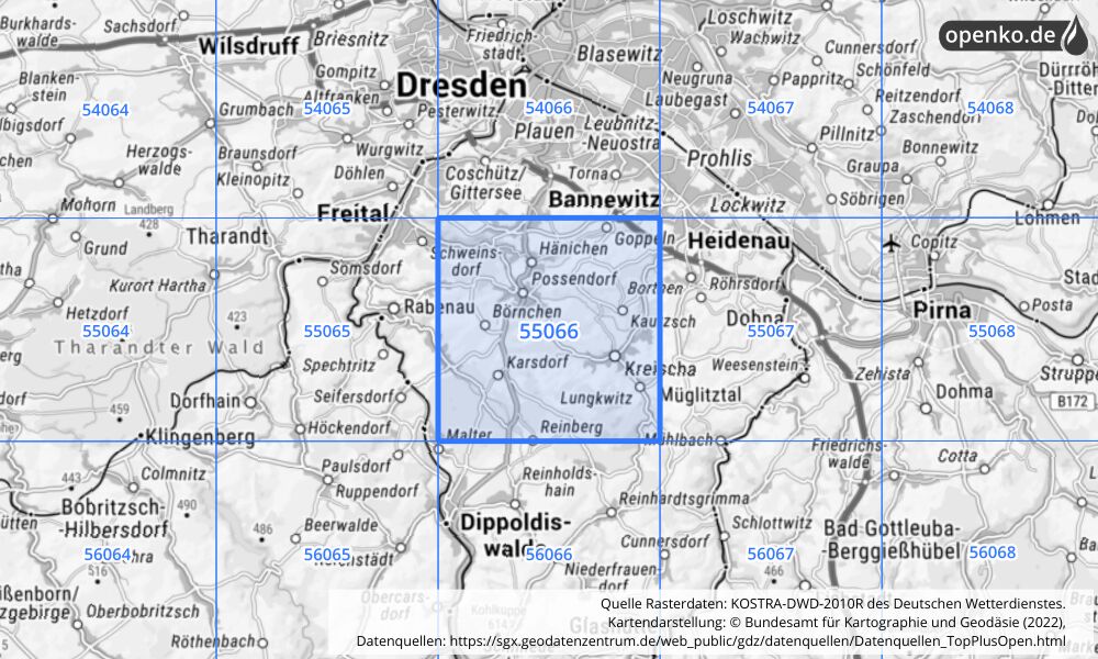 Übersichtskarte KOSTRA-DWD-2010R Rasterfeld Nr. 55066 mit angrenzenden Feldern