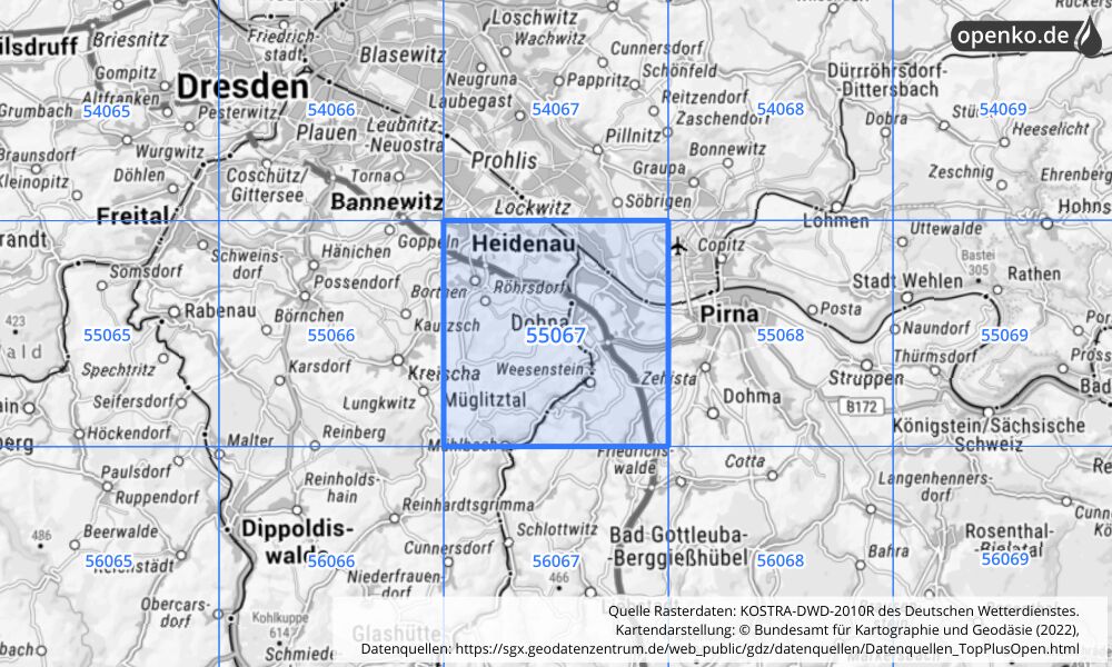 Übersichtskarte KOSTRA-DWD-2010R Rasterfeld Nr. 55067 mit angrenzenden Feldern