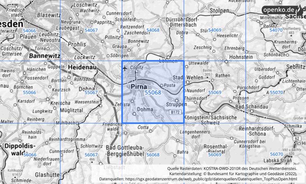 Übersichtskarte KOSTRA-DWD-2010R Rasterfeld Nr. 55068 mit angrenzenden Feldern