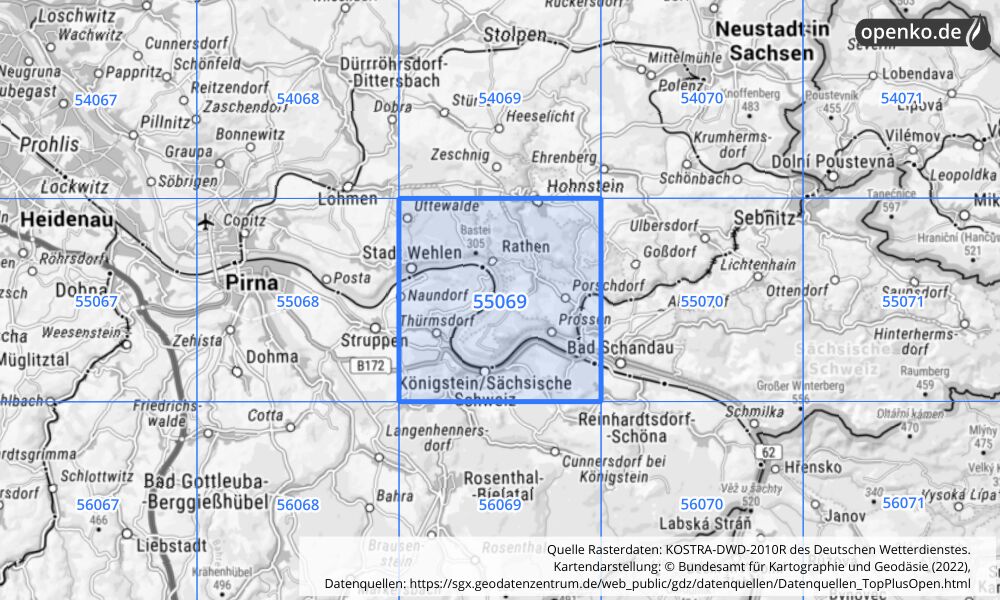 Übersichtskarte KOSTRA-DWD-2010R Rasterfeld Nr. 55069 mit angrenzenden Feldern