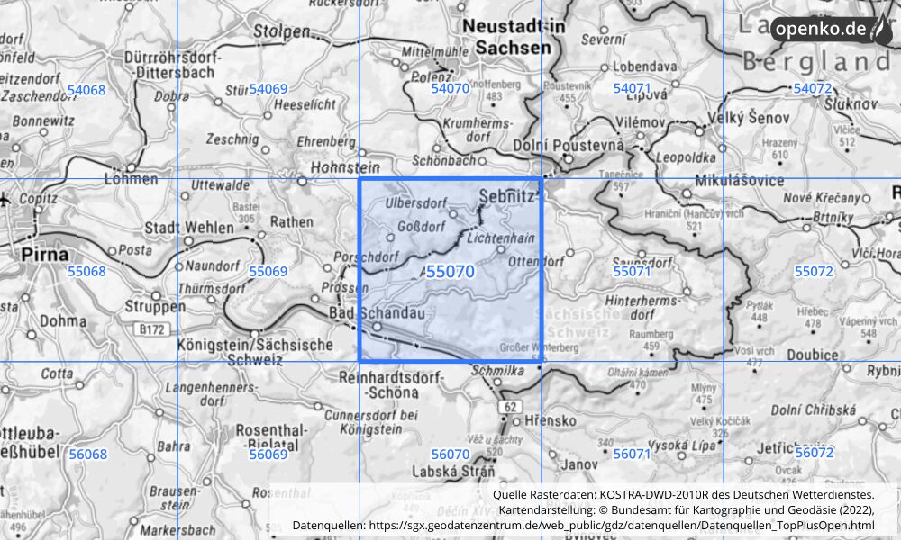 Übersichtskarte KOSTRA-DWD-2010R Rasterfeld Nr. 55070 mit angrenzenden Feldern