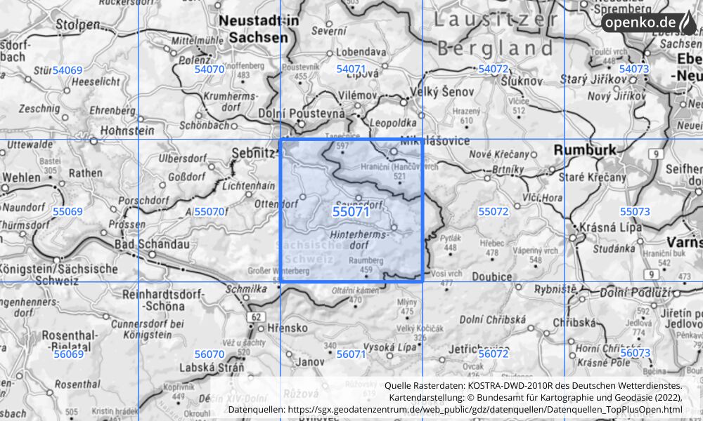 Übersichtskarte KOSTRA-DWD-2010R Rasterfeld Nr. 55071 mit angrenzenden Feldern