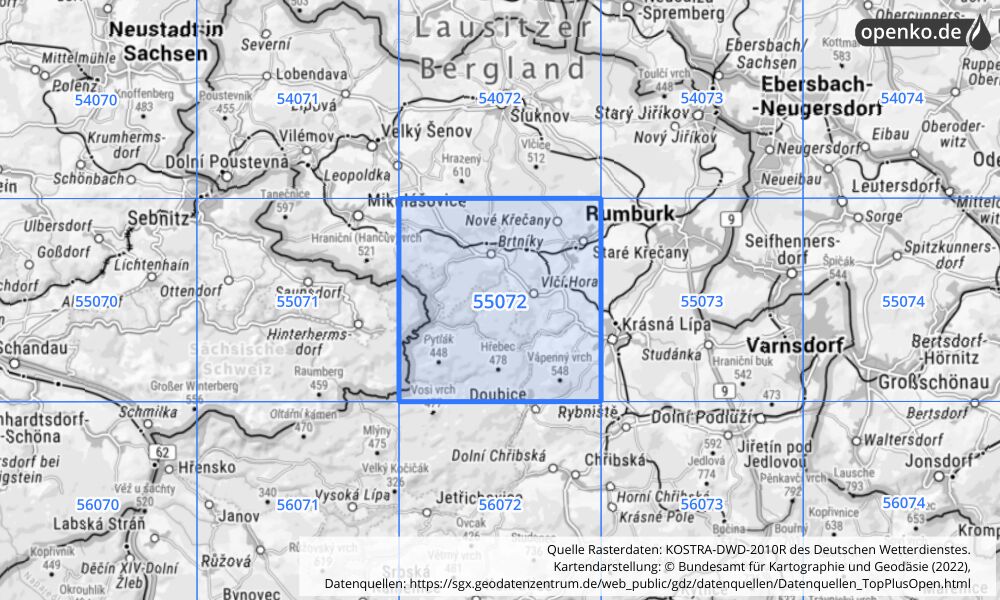 Übersichtskarte KOSTRA-DWD-2010R Rasterfeld Nr. 55072 mit angrenzenden Feldern