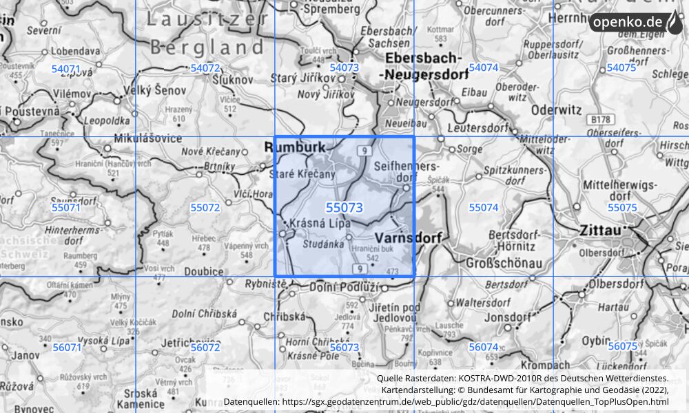 Übersichtskarte KOSTRA-DWD-2010R Rasterfeld Nr. 55073 mit angrenzenden Feldern