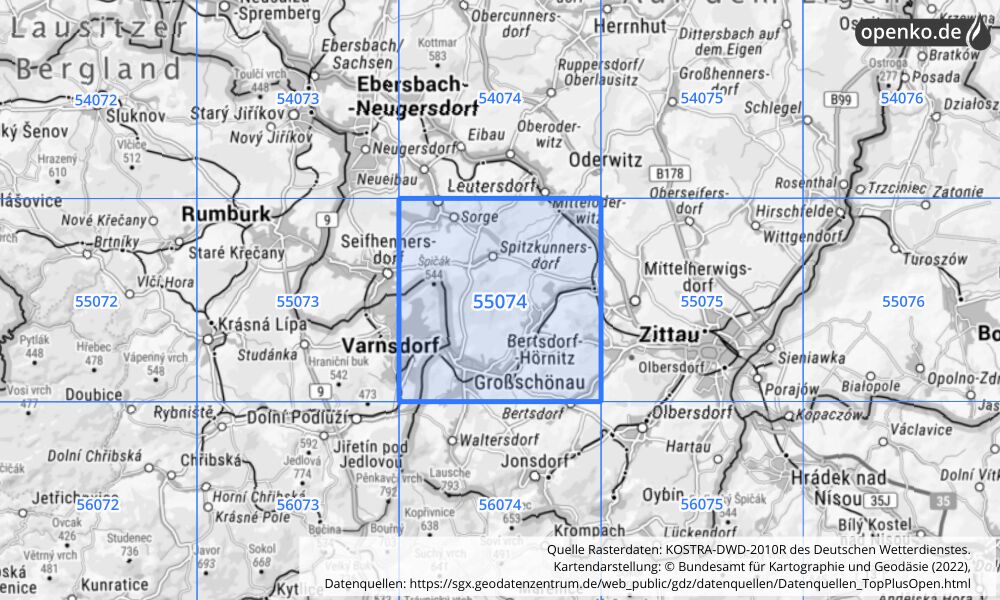 Übersichtskarte KOSTRA-DWD-2010R Rasterfeld Nr. 55074 mit angrenzenden Feldern