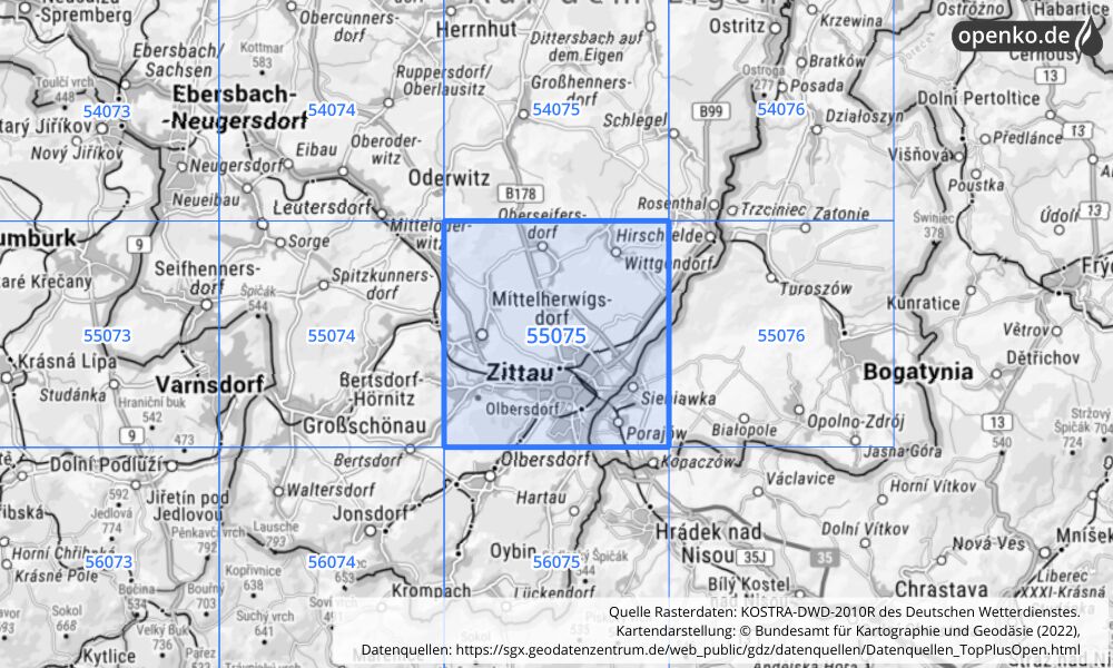 Übersichtskarte KOSTRA-DWD-2010R Rasterfeld Nr. 55075 mit angrenzenden Feldern