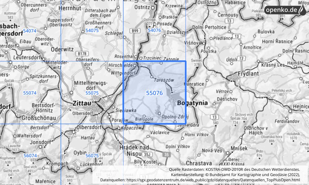 Übersichtskarte KOSTRA-DWD-2010R Rasterfeld Nr. 55076 mit angrenzenden Feldern