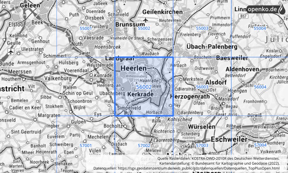 Übersichtskarte KOSTRA-DWD-2010R Rasterfeld Nr. 56002 mit angrenzenden Feldern