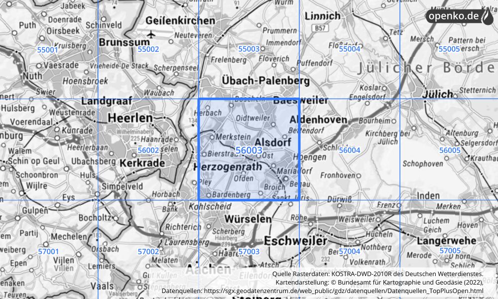 Übersichtskarte KOSTRA-DWD-2010R Rasterfeld Nr. 56003 mit angrenzenden Feldern