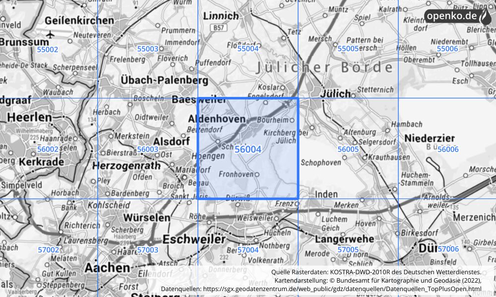 Übersichtskarte KOSTRA-DWD-2010R Rasterfeld Nr. 56004 mit angrenzenden Feldern