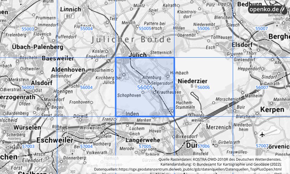 Übersichtskarte KOSTRA-DWD-2010R Rasterfeld Nr. 56005 mit angrenzenden Feldern