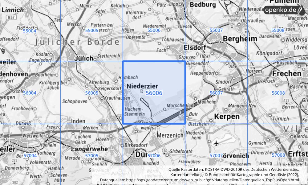 Übersichtskarte KOSTRA-DWD-2010R Rasterfeld Nr. 56006 mit angrenzenden Feldern