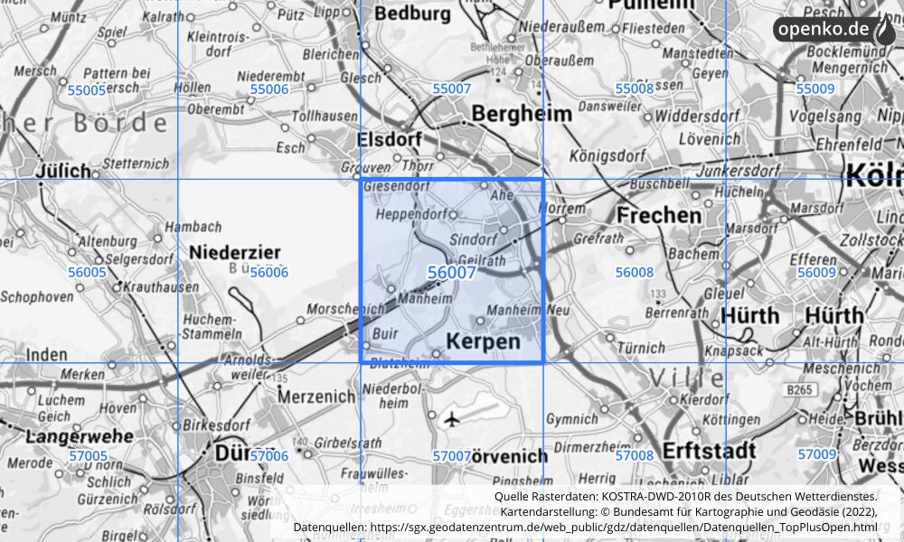 Übersichtskarte KOSTRA-DWD-2010R Rasterfeld Nr. 56007 mit angrenzenden Feldern