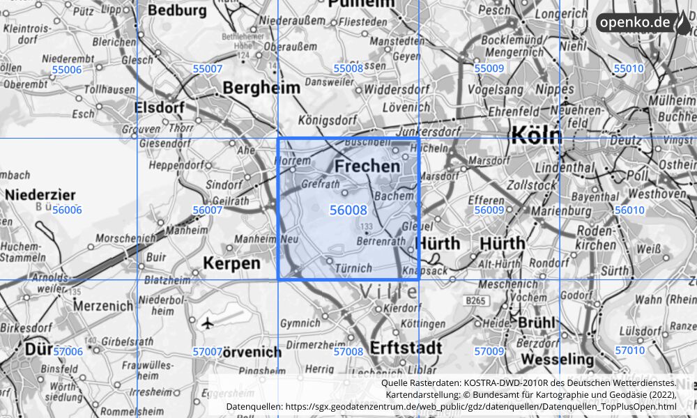 Übersichtskarte KOSTRA-DWD-2010R Rasterfeld Nr. 56008 mit angrenzenden Feldern