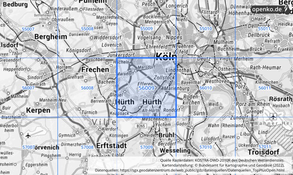 Übersichtskarte KOSTRA-DWD-2010R Rasterfeld Nr. 56009 mit angrenzenden Feldern