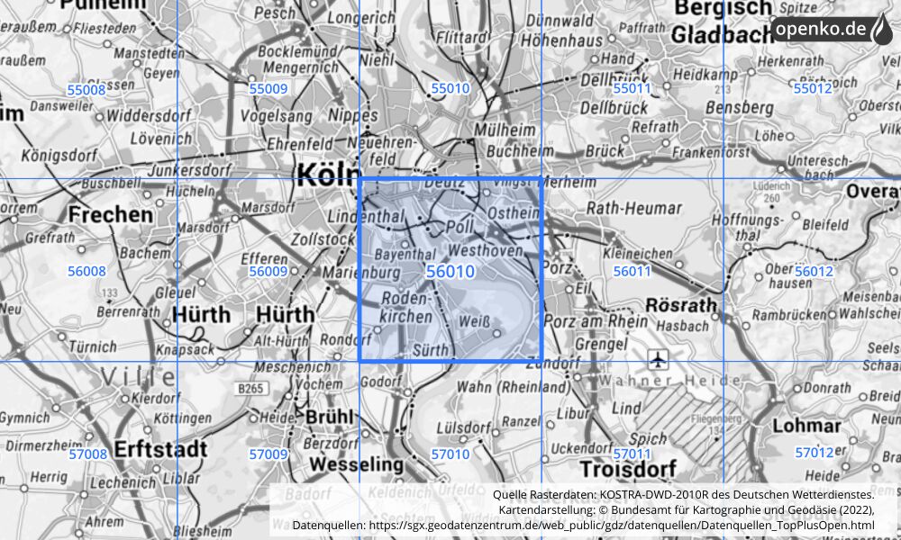 Übersichtskarte KOSTRA-DWD-2010R Rasterfeld Nr. 56010 mit angrenzenden Feldern