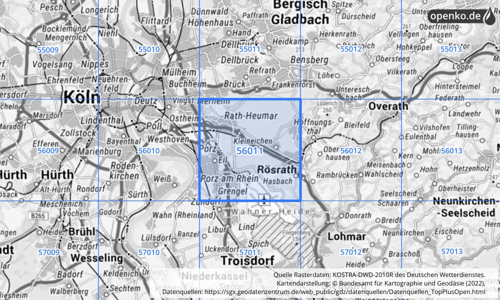 Übersichtskarte KOSTRA-DWD-2010R Rasterfeld Nr. 56011 mit angrenzenden Feldern