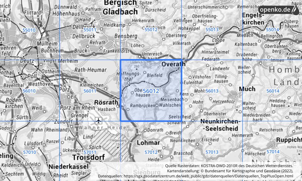 Übersichtskarte KOSTRA-DWD-2010R Rasterfeld Nr. 56012 mit angrenzenden Feldern