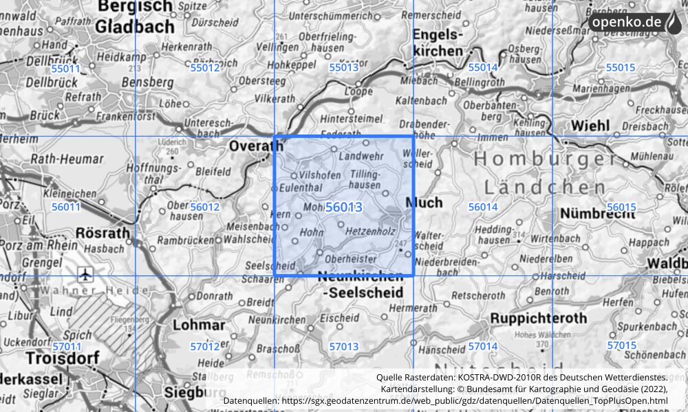 Übersichtskarte KOSTRA-DWD-2010R Rasterfeld Nr. 56013 mit angrenzenden Feldern