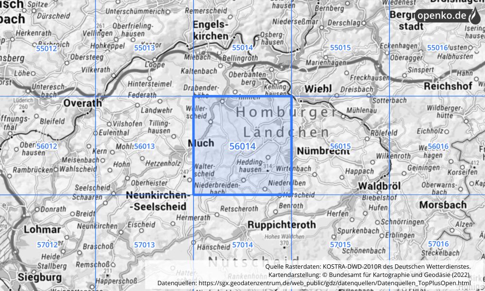 Übersichtskarte KOSTRA-DWD-2010R Rasterfeld Nr. 56014 mit angrenzenden Feldern