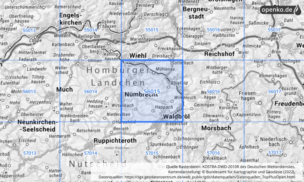 Übersichtskarte KOSTRA-DWD-2010R Rasterfeld Nr. 56015 mit angrenzenden Feldern