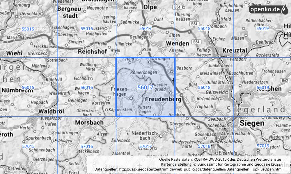 Übersichtskarte KOSTRA-DWD-2010R Rasterfeld Nr. 56017 mit angrenzenden Feldern