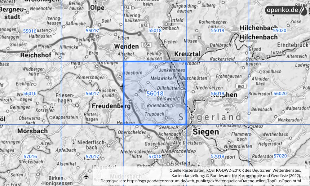 Übersichtskarte KOSTRA-DWD-2010R Rasterfeld Nr. 56018 mit angrenzenden Feldern