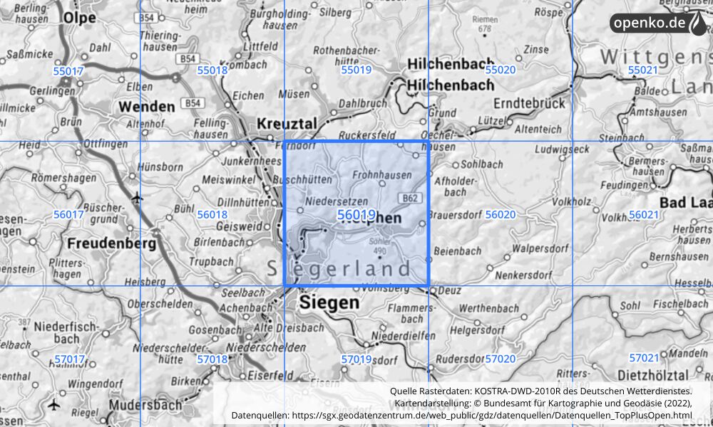 Übersichtskarte KOSTRA-DWD-2010R Rasterfeld Nr. 56019 mit angrenzenden Feldern