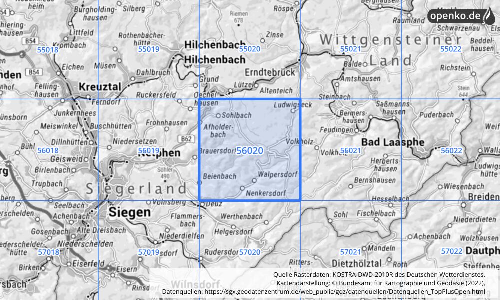 Übersichtskarte KOSTRA-DWD-2010R Rasterfeld Nr. 56020 mit angrenzenden Feldern