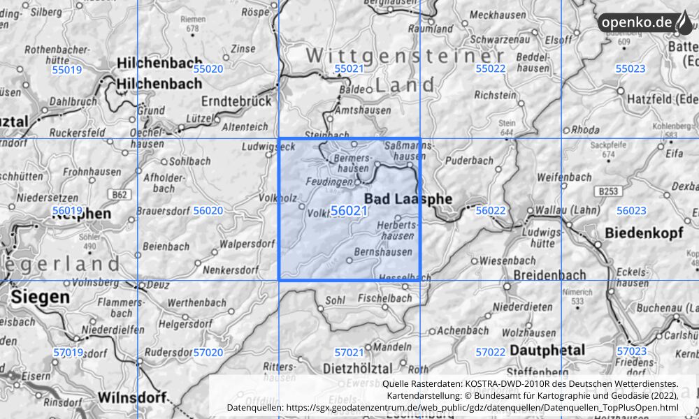 Übersichtskarte KOSTRA-DWD-2010R Rasterfeld Nr. 56021 mit angrenzenden Feldern