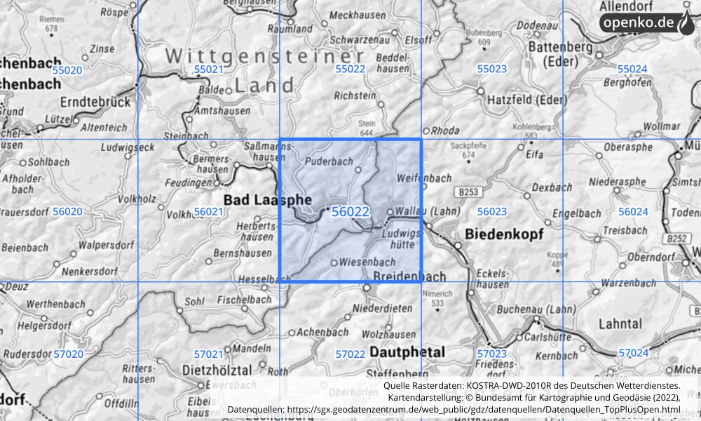 Übersichtskarte KOSTRA-DWD-2010R Rasterfeld Nr. 56022 mit angrenzenden Feldern