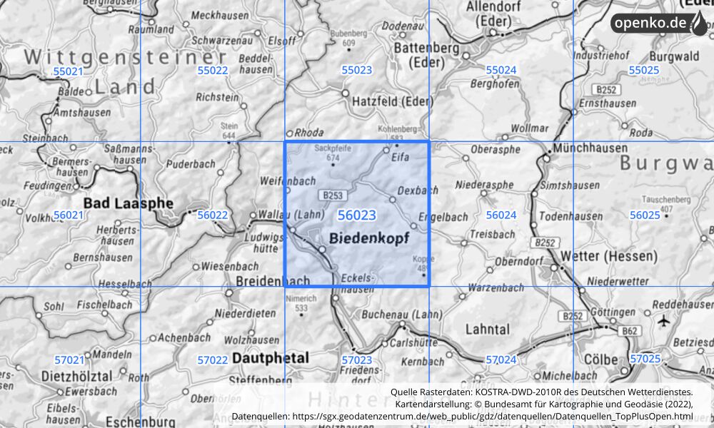 Übersichtskarte KOSTRA-DWD-2010R Rasterfeld Nr. 56023 mit angrenzenden Feldern