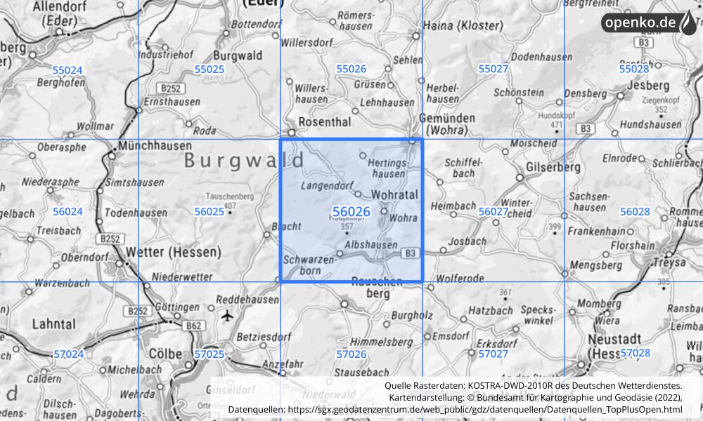 Übersichtskarte KOSTRA-DWD-2010R Rasterfeld Nr. 56026 mit angrenzenden Feldern